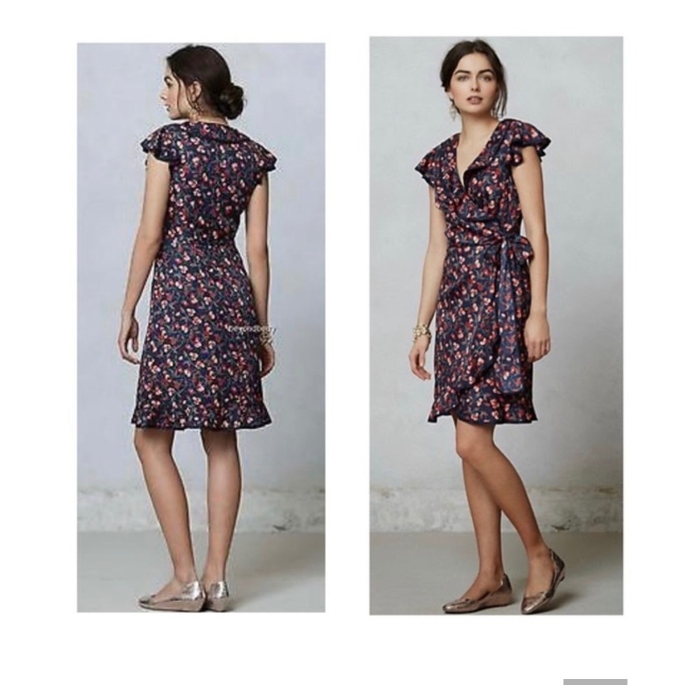 Hi There Karen Walker Cherry Print Wrap Dress Navy Blue Ruffle Hem Womens 12 - Picture 5 of 10